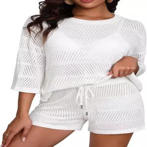 여성용 투피스 커버업 세트 - 크로셰 비치 커버업과 반바지 반소매 수영복