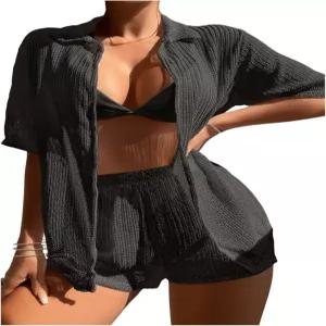 SHENHE 여성용 시어 수영 커버 2피스 세트 기모노 셔츠와 반바지 비키니