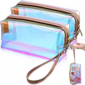 APLZGMG 2개 클리어 리데센트 홀로그램 메이크업 백 지퍼가 달린 글리터 트래블 화장품 파우치 지갑 및