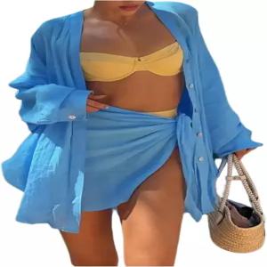 베르두사 여성 수영복 커버업 2피스 여름 의상 오버사이즈 버튼 셔츠와 랩 스커트 세트 해변 휴가복