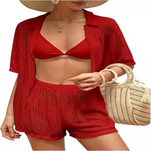 밀루미아 여성용 2피스 커버업 세트 반팔 오픈 프론트 할로우 아웃 수영복 반바지