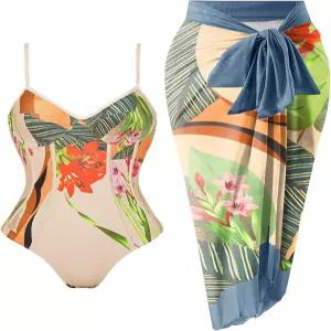 여성용 원피스 수영복 사롱 랩 플라워 비치 커버 포함 1피스 세트