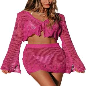 컵쉬 여성 크로셰 수영복 커버업 세트 긴 소매 2피스 여름 비치 의상