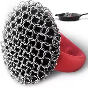 손잡이가 있는 주철 스크러버 316L 에르고노믹 논슬립 그립 클리너 스테인리스 스틸 체인메일 클리닝 패드