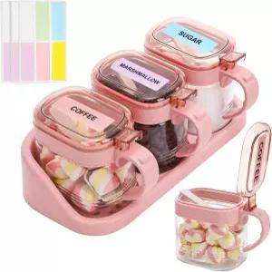 메찌 3 PCS 유리 커피 설탕 용기 세트 라벨이 있는 핑크 스파이스 병 10온스 스쿱 및 트레이 시즈닝 박스
