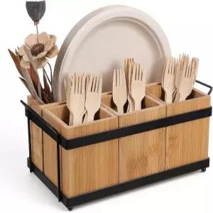 파티 조리대용 YBEATY 실버웨어 캐디 식기 홀더 나무 커틀러 정리함 종이 접시 디스펜서 4칸 휴대용 손잡이