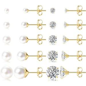 여성용 금도금 스터드 귀걸이 10쌍, 진주 볼 큐빅 지르코니아 저자극성 주얼리 세트 피어싱 선물