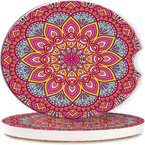 여성용 보호 만다라 자동차 코스터 2팩 컵 홀더용 빈티지 플라워 오스만 흡수 삽입 세라믹 미끄럼 방지 및