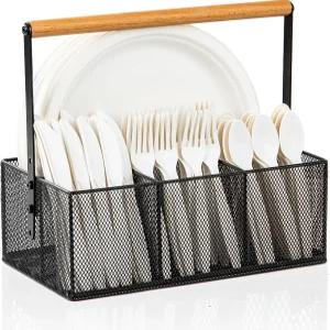 손잡이가 있는 NACIMAX 종이 접시 정리함 실버웨어 캐디 조리대 및 식기 홀더 파티 캠핑 피크닉을 위한