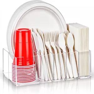 카운터탑용 아크릴 종이 접시 정리함 컵용 실버웨어 캐디 냅킨 및 식기 홀더 파티 캠핑 피크닉용 커틀러