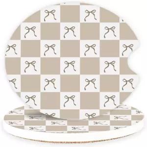 세라믹 자동차 코스터 여성용 흡수형 컵 홀더 세트 여아용 귀여운 에스테틱 액세서리 2팩 체커보드 활 패턴