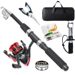 Tripquips 낚싯대, 2 1m 7피트 텔레스코픽 낚싯대 및 릴 콤보, 낚시 펜치 및 립 그리퍼 낚시 장비, 5 2 1 사전 장착 스피닝 릴 콤보 세트 낚싯대