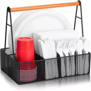 카운터탑용 손잡이가 있는 종이 접시 정리함 컵용 금속 은식기 캐디 냅킨 및 홀더 파티 캠핑 피크닉용
