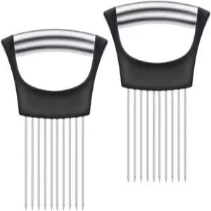 야채와 고기를 위한 2개의 양파 슬라이서 주방 가지 안전 손잡이가 있는 스테인리스 스틸 타인 검은색 2개