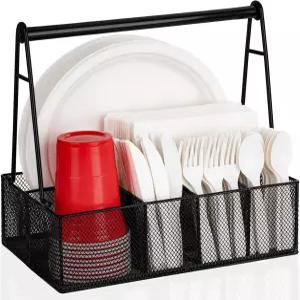 조리대용 손잡이가 있는 종이 접시 정리함 냅킨용 금속 은식기 캐디 컵 및 홀더 파티 캠핑 피크닉용 커틀러