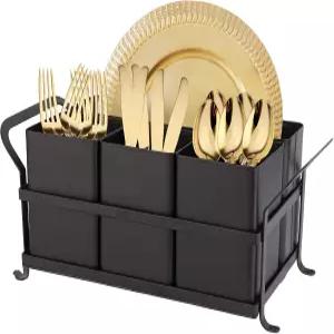 DYGZBLHT 실버웨어 캐디 금속 식기 홀더 파티 카운터탑 커틀러 정리용 스푼 포크 접시 냅킨 블랙