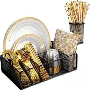 카운터탑용 수오위 종이 접시 정리함 손잡이가 달린 실버웨어 캐디 스푼 포크 컵 냅킨 파티 또는 캠핑용