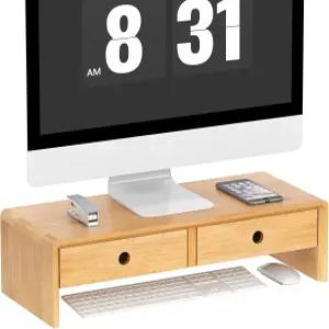 서랍 2개가 있는 Ufin 대나무 모니터 스탠드 데스크톱 정리함 컴퓨터 화면 노트북 라이저 홈 오피스용