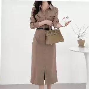 피로연원피스 셔츠 롱원피스 벨트 출근룩 무릎기장 하객룩코디 세트