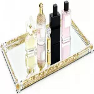 롱 미러 크리스탈 배니티 트레이 부순 다이아몬드 충전 유리 화장품 향수 주얼리 샤이닝 카운터탑 장식 홈