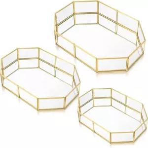 Jetec 3피스 미러 글라스 배니티 트레이 골드 화려한 메이크업 메탈 빈티지 팔각형 향수 서랍 침실 홈 데코