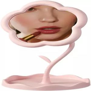 책상용 프리즈날 귀여운 핑크 거울 트레이가 있는 컴팩트 조절식 침실 욕실 및 여행용 손바닥 크기의 작은