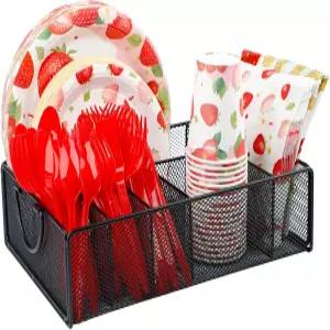 손잡이가 있는 종이 접시 정리함 금속 식기 캐디 조리대용 6칸 파티 캠핑 피크닉을 위한 실버웨어 홀더