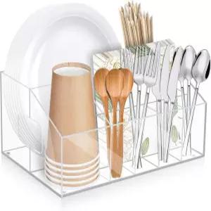 아와 은식기 정리함 파티 도구용 아크릴 홀더 캐디 종이 접시 조리대 컵 포크 숟가락 8개의 수납 공간이