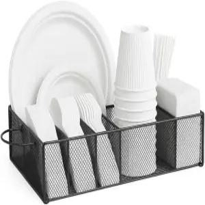 6개의 구획이 있는 금속 종이 접시 디스펜서 손잡이와 미끄럼 방지 패드가 실버웨어 캐디 파티 캠핑 바비큐