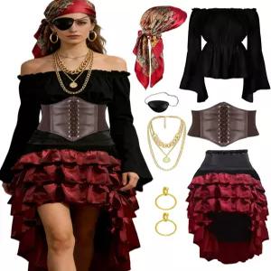 SVMVVGW 해적 의상 여성 르네상스 허리 벨트 스커트 성인 액세서리 전체 할로윈 세트
