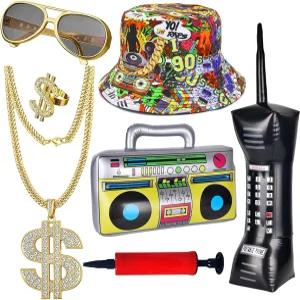 분베리 80년대 90년대 힙합 의상 액세서리 세트 - 풍선 라디오 및 휴대폰 달러 목걸이 반지 스타일 버킷햇