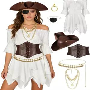 할로윈 코스프레를 위한 트리콘 모자 허리 벨트 골드 주얼리 액세서리가 있는 여성 해적 의상 르네상스