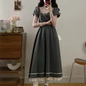 [아리엘스타일]레이스배색 스퀘어넥 플레어원피스 말레이원피스