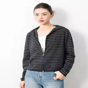 타노스여성용 울 니트 초가을 배색 긴팔 스트라이프 간절기 데일리룩 지퍼 이중 카디건 후드 KUK3