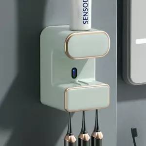 자동센서 치약 디스펜서 겸 칫솔살균기 민트겸 가정용 민트색 무선 충전 C타입 벽부착