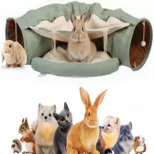 벨벳포 2in1 접이식 말차 토끼 터널 애완동물 쿠션 침대 세탁 가능한 부드러운 패드가 있는 은신처 장난감