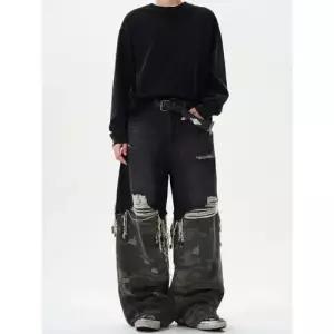 윈터솔져 남성용 팬츠 청 페이크 데일리룩 배기핏 스트릿 디스트로이드 힙합 와이드 카모 KUK1