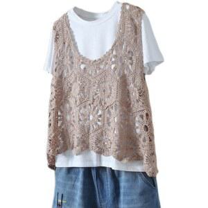 빅사이즈 꽃무늬 그물 민소매 니트 여성 레이스 망사 조끼