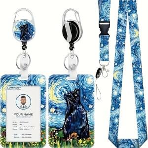 ID 배지용 별이 빛나는 밤 고양이 매는 밧줄 재미있는 검은 릴 헤비 듀티 벨트 분리형 밧줄 홀더