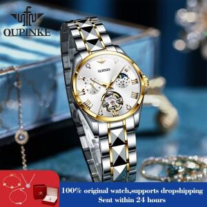호환상품 OUPINKE 3202 자동 여성용 시계 로마 숫자 기계식 홀로우 문페이즈  비즈니스 손목시계