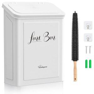 건조기 보푸라기 브러시가 있는 세탁실용 씰젠드 마그네틱 통, 건조기용 뚜껑이 벽걸이 금속 쓰레기통, 공간 절약형 세탁 정리 및 보관, 흰색