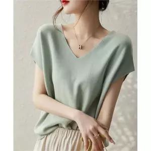 여성용 루즈 니트 여름 크림 쿨 티 브이넥 반팔 셔츠