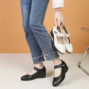 여성용 여름 가을 토 웨지 플랫 라운드 슈즈 구두 통기성 미끄럼 폼 MN 힐 진가죽 중장년 빅사이즈 봄가을