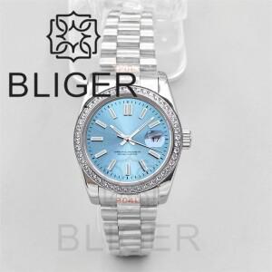 BLIGER 31mm  여성용 시계 다이아몬드 베젤 장식 선버스트 아이스 스카이 블루 다이얼 사파이어 글라스 방