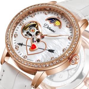 디자인 여성용 자동 기계식 시계 다이아몬드 세팅 큐피드의 화살 로즈 골드 가죽 방수