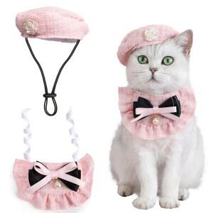 하우팔리 2PCS 고양이 베레모 의류 세트 파티 공주 모자와 강아지 보타이 반려동물 보우 반다나 소형 스카프 의상 할로윈 핑크 크리스마스 생일 새틴 동백