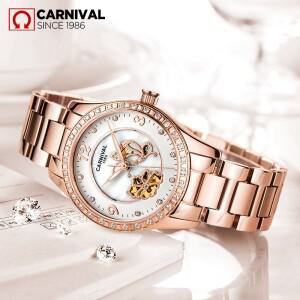 카니발  여성용  기계식 시계 패션 로즈 골드 자동 무브먼트 손목시계 방수