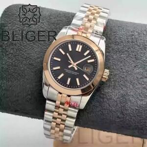 BLIGER 31mm  여성용 시계 투톤 골드 케이스 사파이어 선버스트 블랙 실버 다이얼 로즈 인덱스 NH05 무브먼