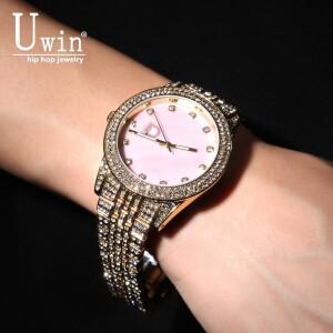 유윈 자개 핑크 다이얼 풀 아이스드 아웃 투톤 쿼츠 시계 비즈니스 방수 남여공용