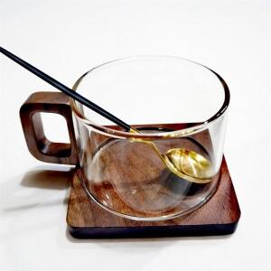 200ml  지상 라떼 유리 커피 머그잔 나무 트레이 스푼 내열성 아침 식사 밀크 티 아메리칸 컵